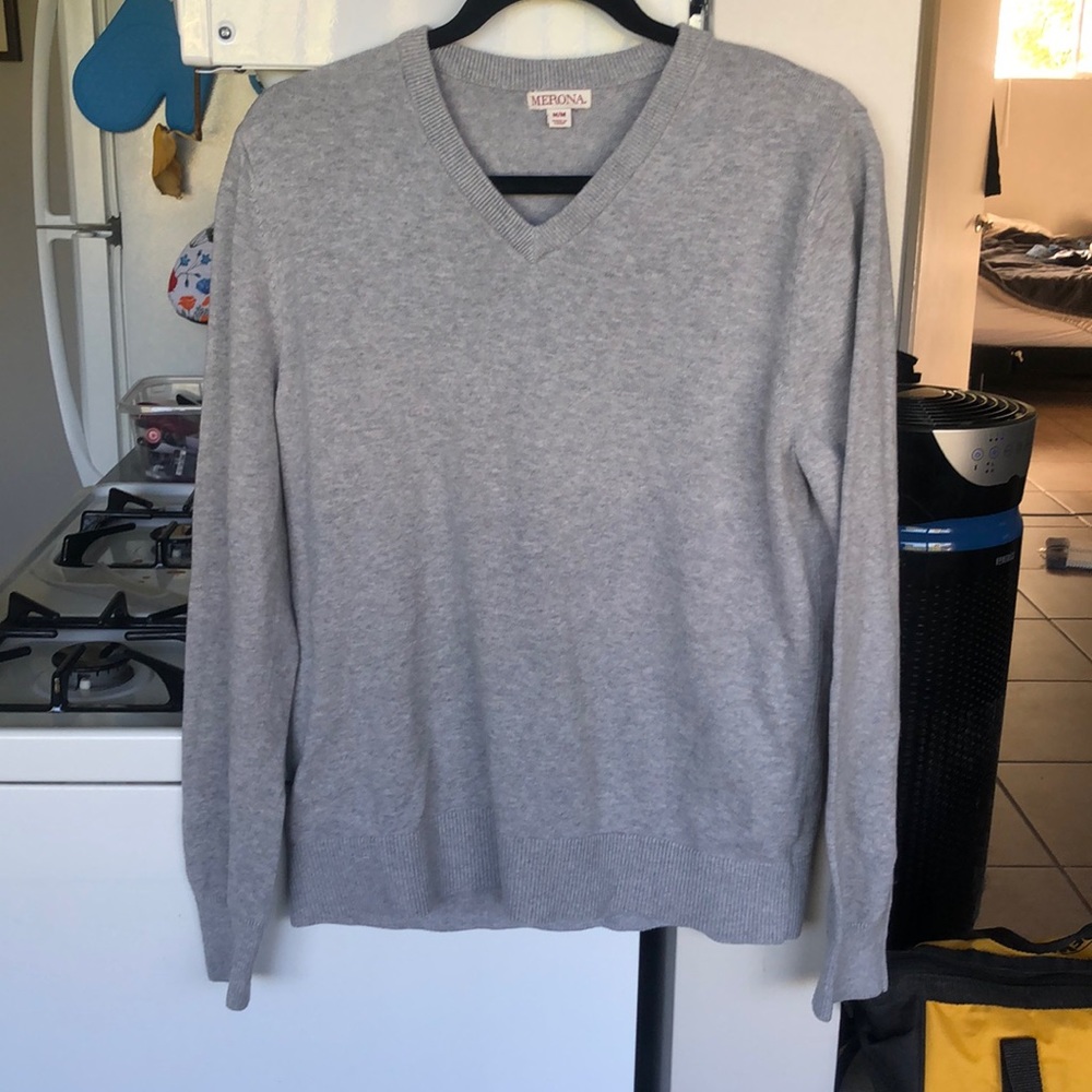Mens v neck long sleeve sweater Mreona gray shirt